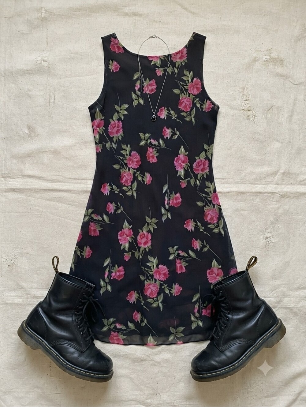 90s Y2K Alyn Paige Black Pink Rose Print Sleeveless Dress